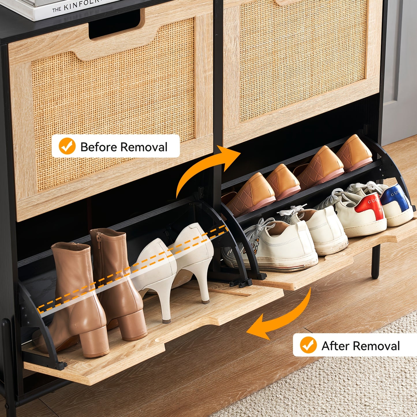 Natural Rattan Shoe Cabinet Organizer with Flip Doors - Freestanding Entryway Storage Cabinet, Large Capacity Shoe Rack with 3-Tier Adjustable Shelves, Space-Saving Modern Hallway Organizer for Living Room, Bedroom, Office -