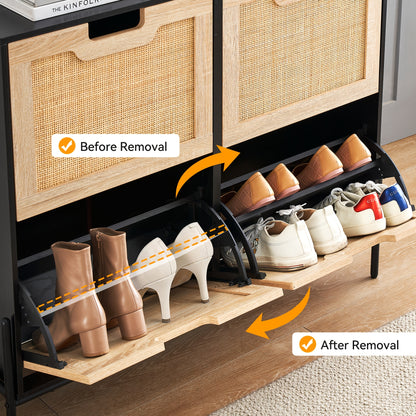 Natural Rattan Shoe Cabinet Organizer with Flip Doors - Freestanding Entryway Storage Cabinet, Large Capacity Shoe Rack with 3-Tier Adjustable Shelves, Space-Saving Modern Hallway Organizer for Living Room, Bedroom, Office -
