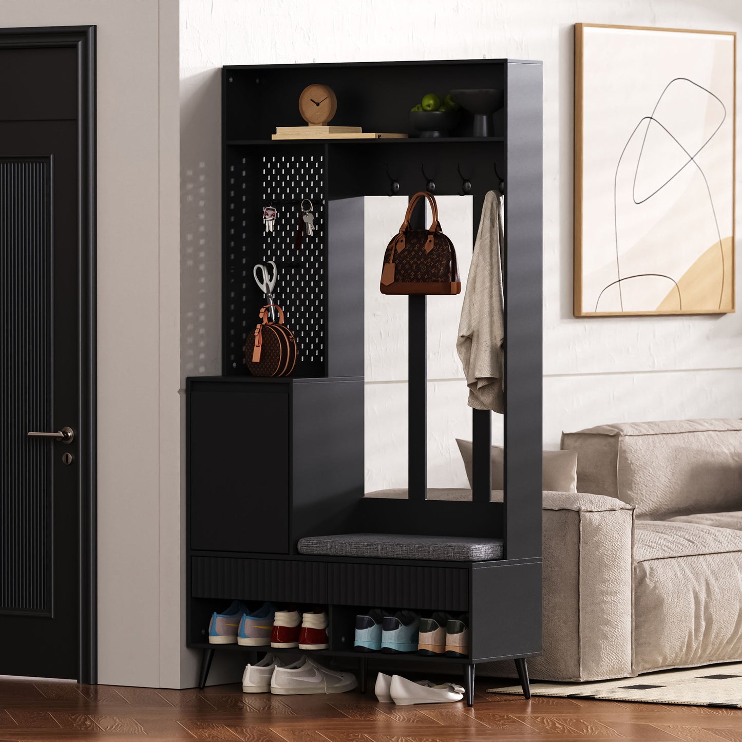 Halmeubel – Kapstok – Schoenenrek – Opbergkast – Zitbank – 6-in-1 Multifunctioneel – Mat Zwart MDF – 100x35x180 cm – Kantelbeveiliging