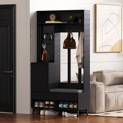 Halmeubel – Kapstok – Schoenenrek – Opbergkast – Zitbank – 6-in-1 Multifunctioneel – Mat Zwart MDF – 100x35x180 cm – Kantelbeveiliging