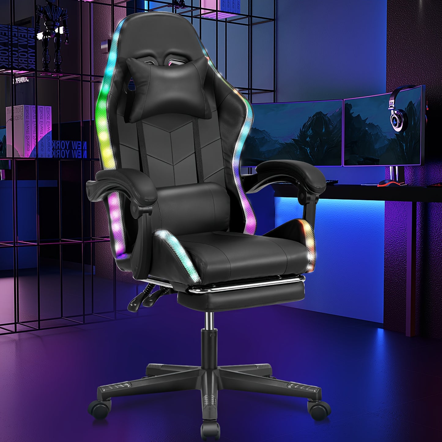 Gamingstoel – Bureaustoel – Draaistoel – Ergonomische Stoel – Zwarte RGB Verlichting – Verstelbare Rugleuning 135° – Memory Foam Zitting