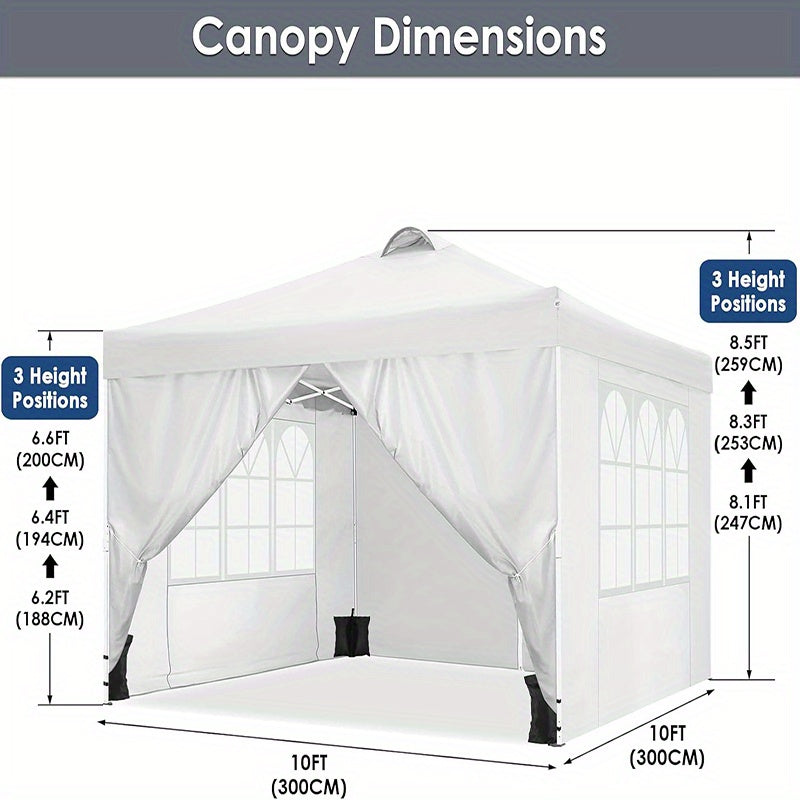 3.05x3.05meter Pop-up foldable canopy with 4 removable sidewalls, height-adjustable gazebo canopy with vents, 4 sandbags, 4 ground stakes and 8 ropes, party exhibition tent