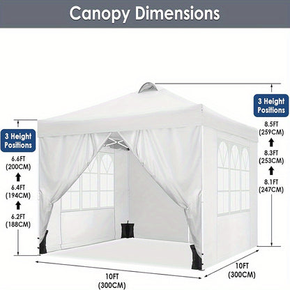 3.05x3.05meter Pop-up foldable canopy with 4 removable sidewalls, height-adjustable gazebo canopy with vents, 4 sandbags, 4 ground stakes and 8 ropes, party exhibition tent