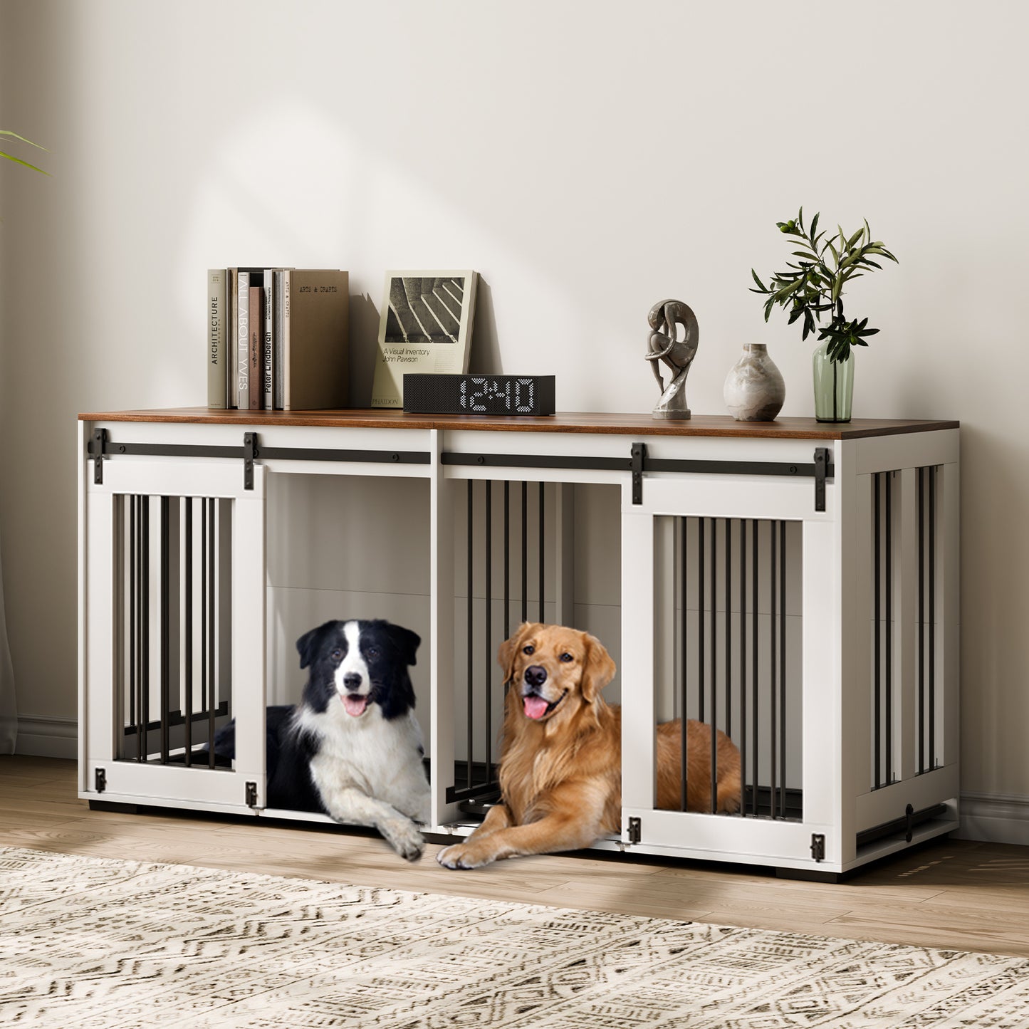 Hondenbench – Hondenkooi – Hondenhok – Hondenkooi Meubel – Bench Voor Grote Honden – 72 Inch – Houten Bank – Uitneembare Plastic Trays
