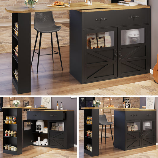 Bartafel Uitschuifbare Bartafel Bistrotafel Barmeubel Keukentafel – Zwart Metalen Frame Wit MDF – 360° Draaibaar Tafelblad – Verstelbaar 138-204 cm Met Opbergruimte