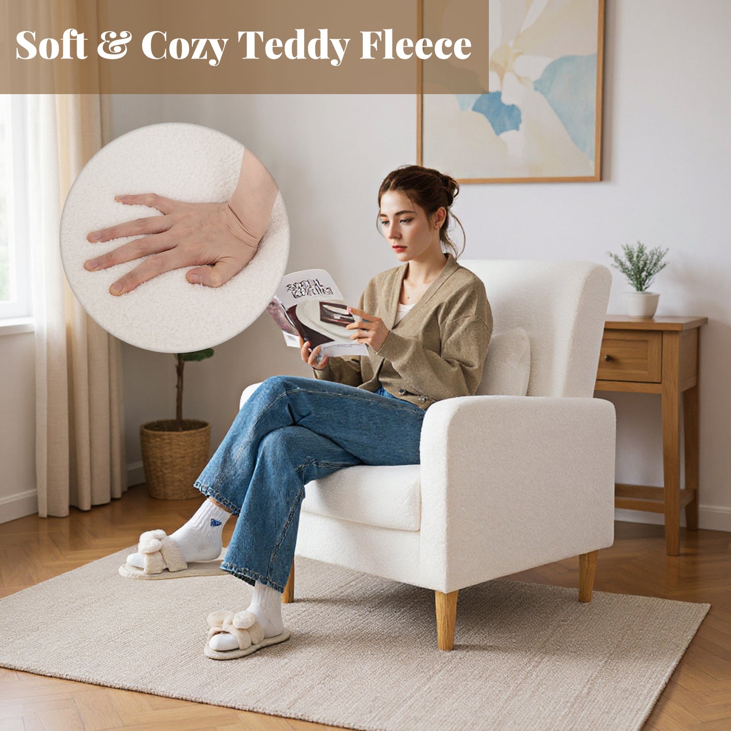 Fauteuil – Accentstoel – Relaxstoel – Loungestoel – Zetel – Teddy Fleece Bekleding – Verstelbaar Lendenkussen – Ergonomische Armleuningen
