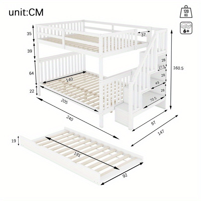 Hoogslaper – Stapelbed – Kinderbed – Eenpersoonsbed – Bed met onderschuifbed – 140x200 cm – Met trap en opbergrekken – Veiligheidsleuningen – EN747-1 gecertificeerd
