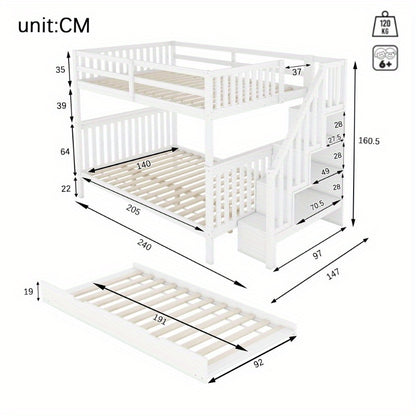 Hoogslaper – Stapelbed – Kinderbed – Eenpersoonsbed – Bed met onderschuifbed – 140x200 cm – Met trap en opbergrekken – Veiligheidsleuningen – EN747-1 gecertificeerd