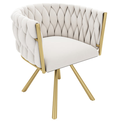 2pcs Beige & Golden Luxury Modern Swivel Dining Chair Set - White/Beige Velvet-Like Upholstery with Sturdy Metal Legs, Heavy-Duty 4-Legged Round Backrest Chairs for Living Room, Bedroom, Office (No Assembly Required)