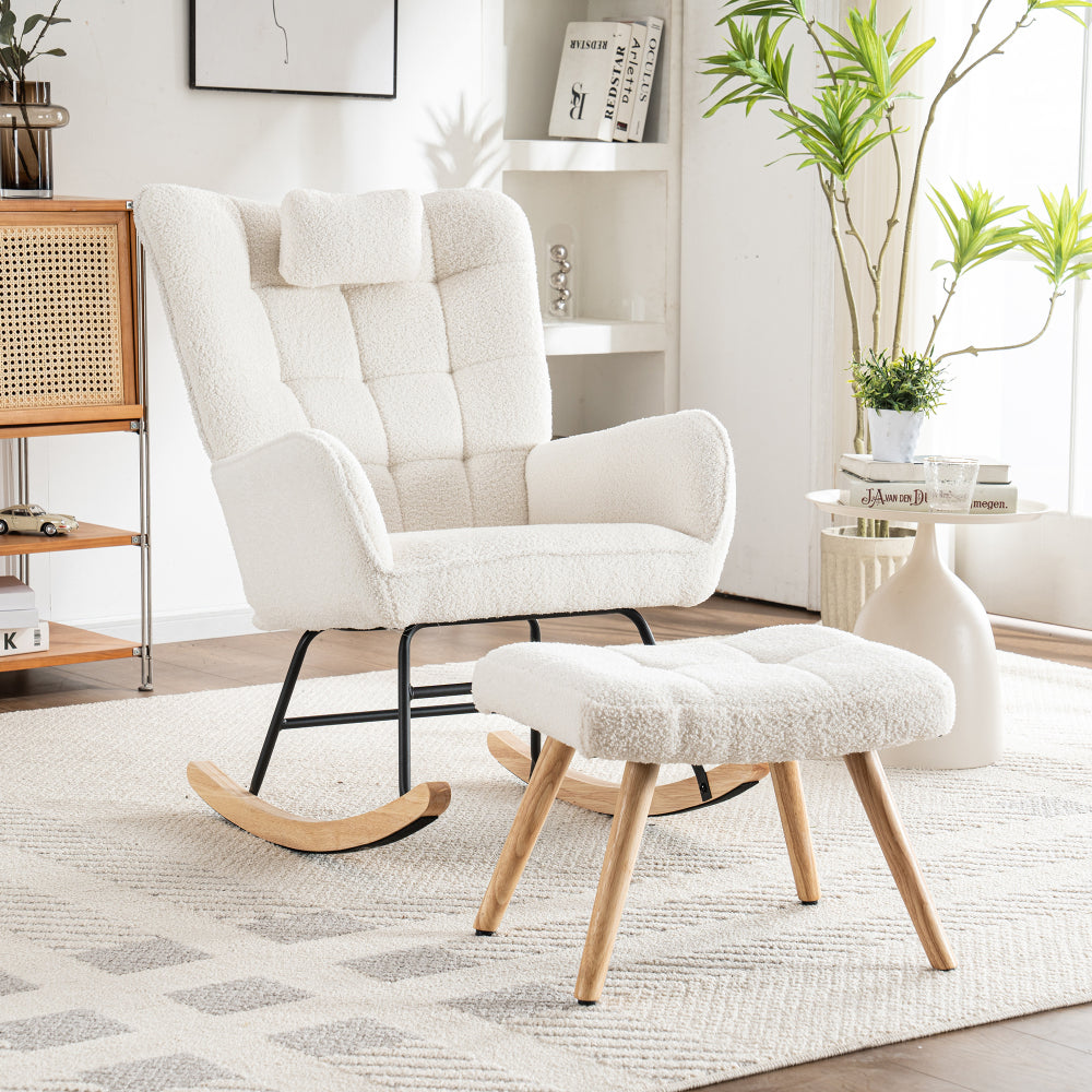 Relaxstoel – Fauteuil – Loungestoel – Schommelstoel – Draaifauteuil – Witte Relaxstoel Met Voetensteun – Breed Zitvlak 65 cm – Stevige Schommelmechaniek Met Hoofdsteun
