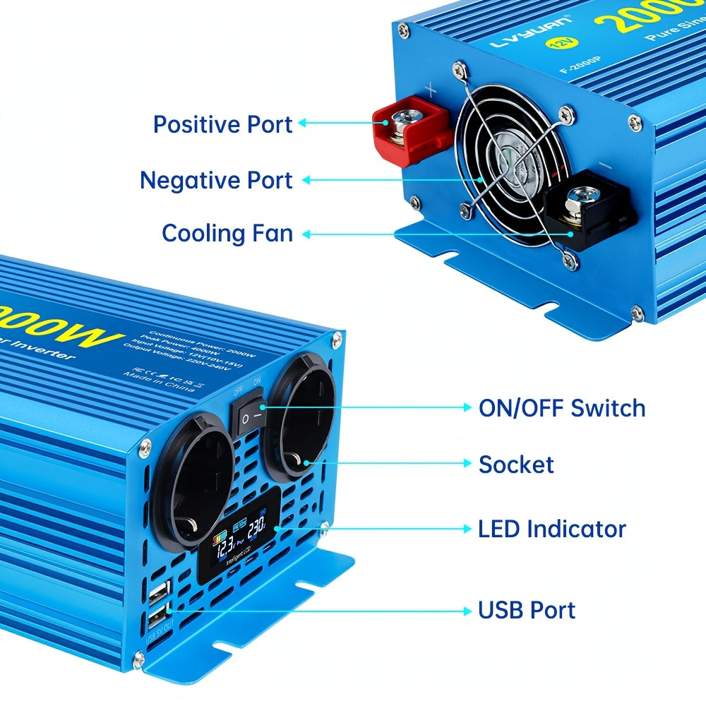 Omvormer 12V Naar 220V – Spanningomzetter – Power Inverter – Stroomomvormer – DC AC Converter – 2000W Continu / 4000W Piek – Zuivere Sinusgolf – LCD Display