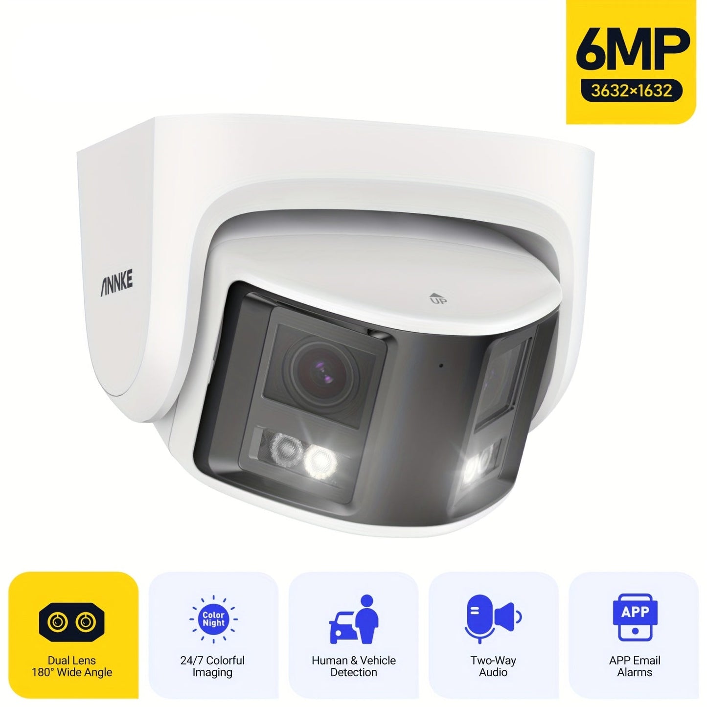 6MP IP Beveiligingscamera – Beveiligingscamera Dubbele Lens – Buiten Camera – Surveillance Camera – Toezicht Camera – Kleurennachtzicht – 180° Breed Gezichtsveld – Tweerichtingsspraak – Wit