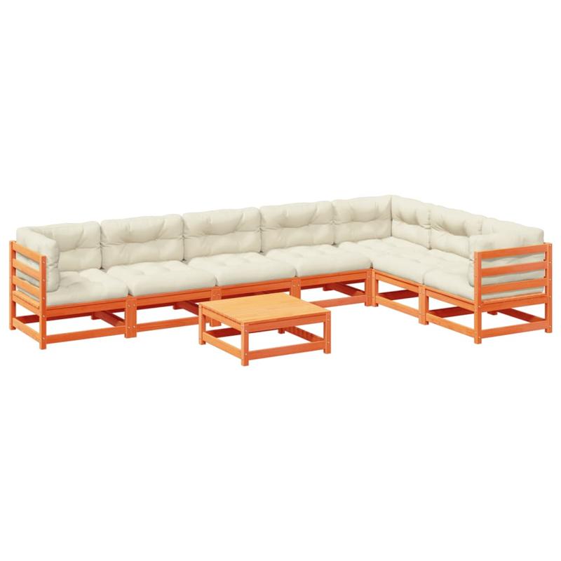 8pcs. Garden sofa carnitur with pillow wax brown pine wood,  Rustic Design, Weatherresistant Fabric, Sectional Sofa, Modular Furniture, Small Space Living