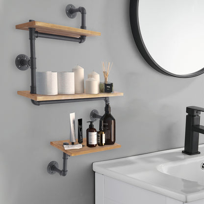 3-laags Wandrek – Muurrek – Plank – Wandplank – Opbergrek – Zwart Bruin Dennehout en Staal – Stevige Constructie en Ruime Opbergruimte