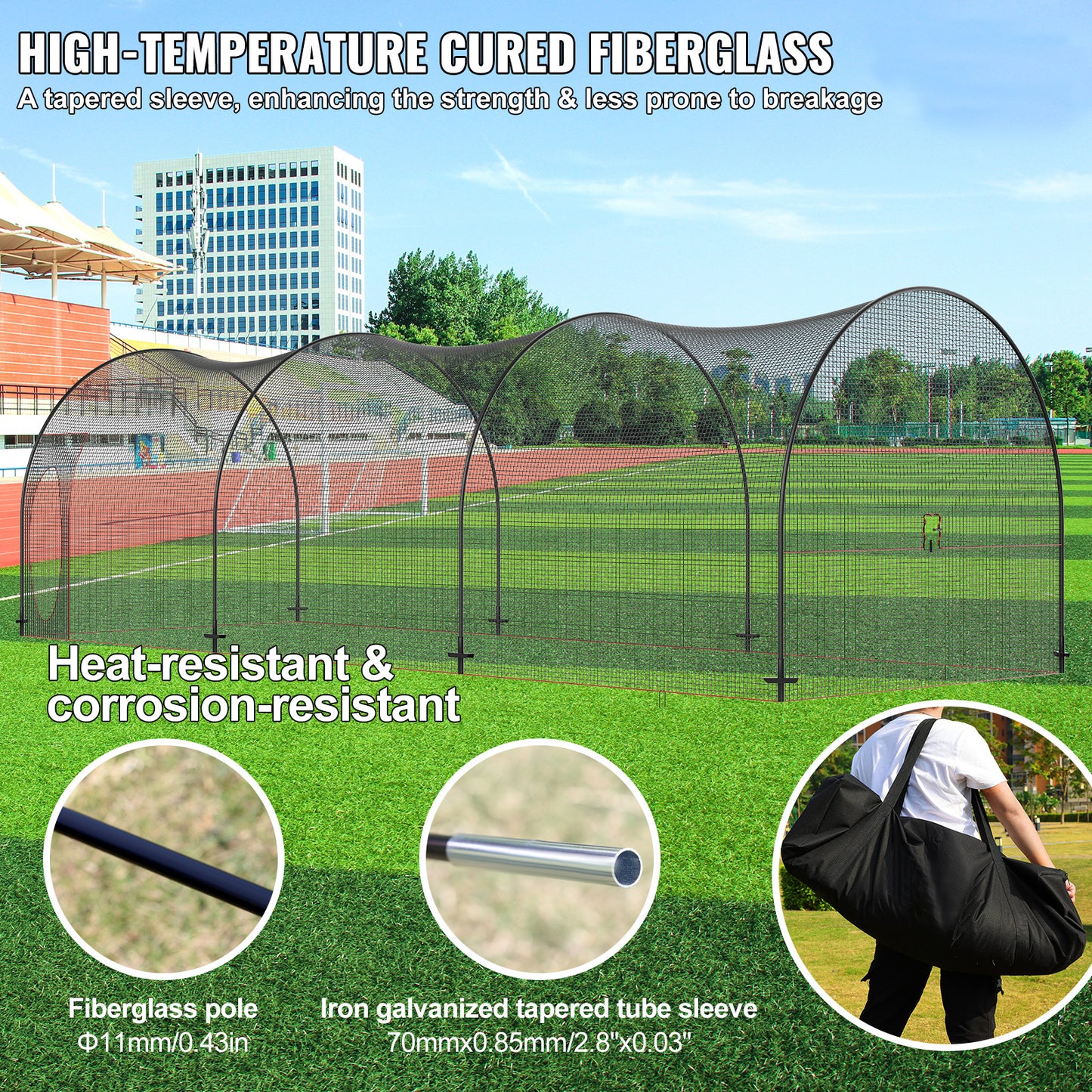 Batting Cage – Honkbal Kooi – Oefenkooi – Softbal Kooi – Pitching Kooi – Extra Ruim 10x3,3x3 Meter – Duurzaam Glasvezel Frame