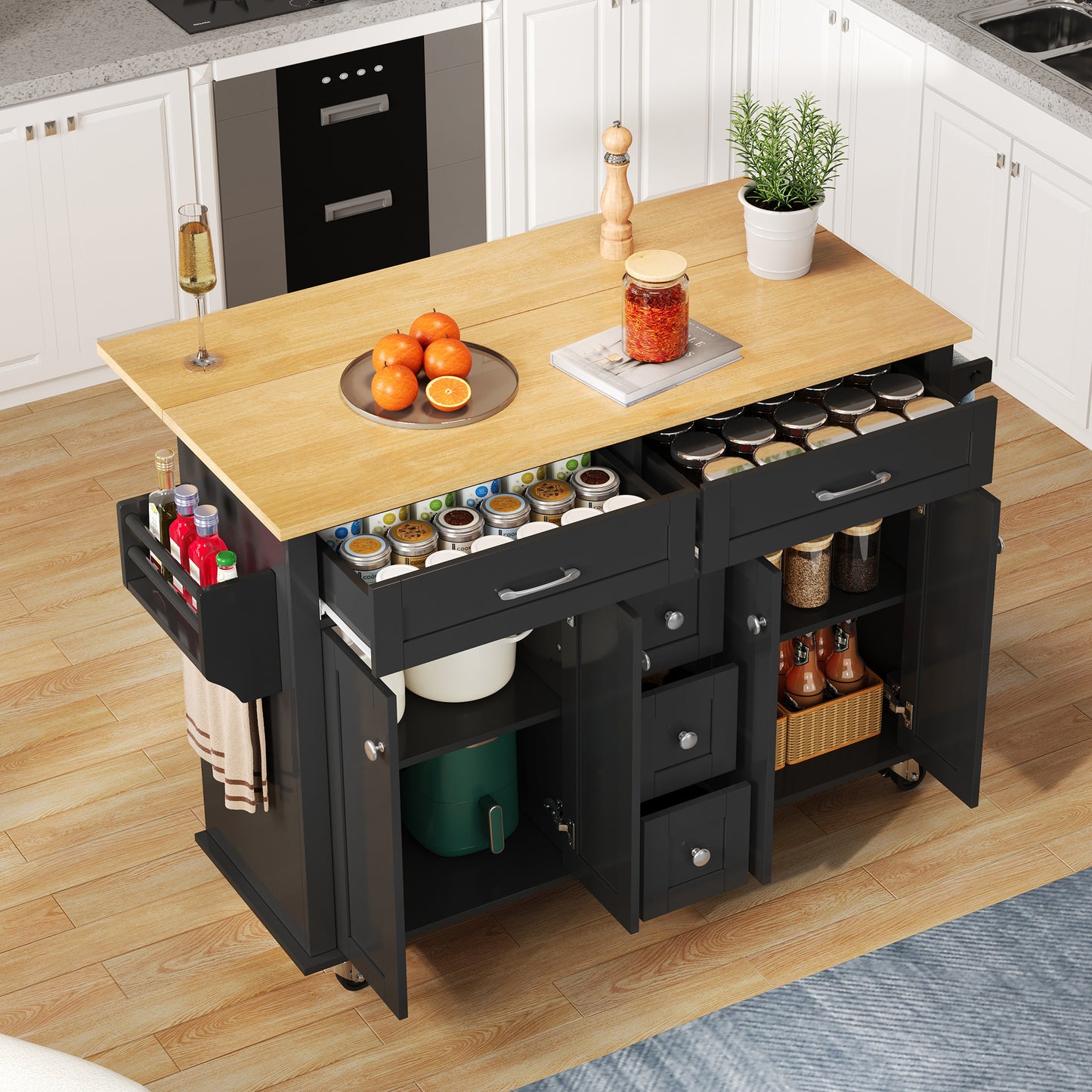 Keukenwagen – Servierwagen – Werktafel – Kantoorwagen – Opbergwagen – Uitklapbaar Werkblad 120×65 cm – 5 Lades & 2 Kasten