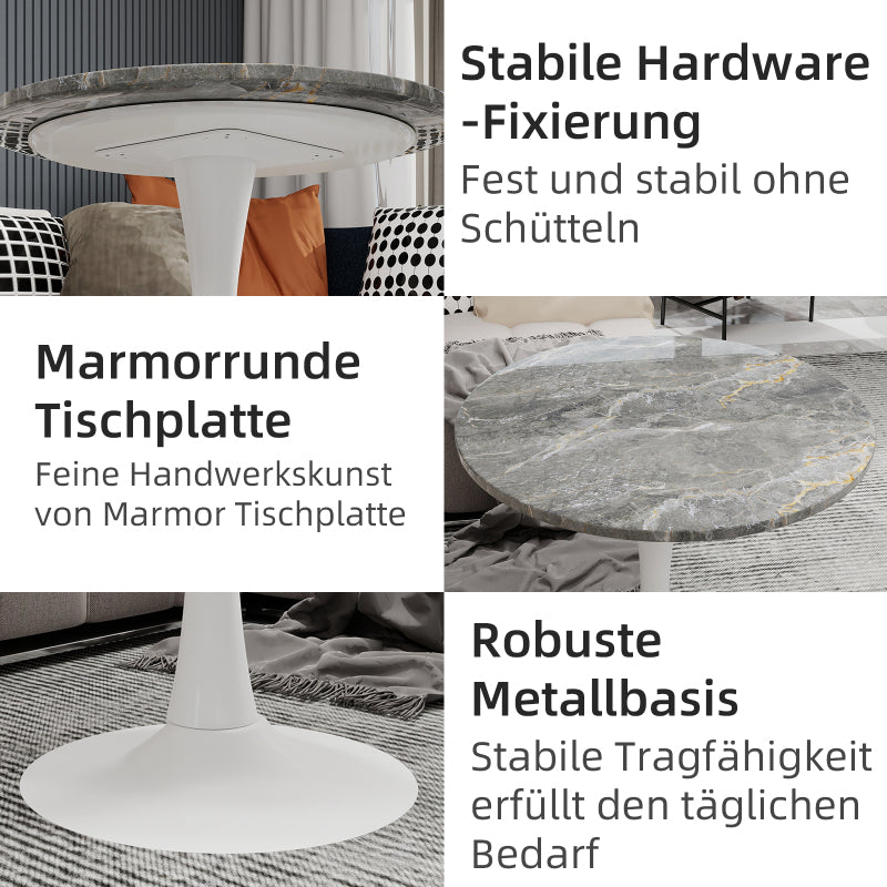Salontafel – Koffietafel – Woonkamertafel – Bijzettafel – Ronde Tafel – Kunstmarmer Blad – Ø70 cm, Vintage Wit Met Donkergrijze Aders