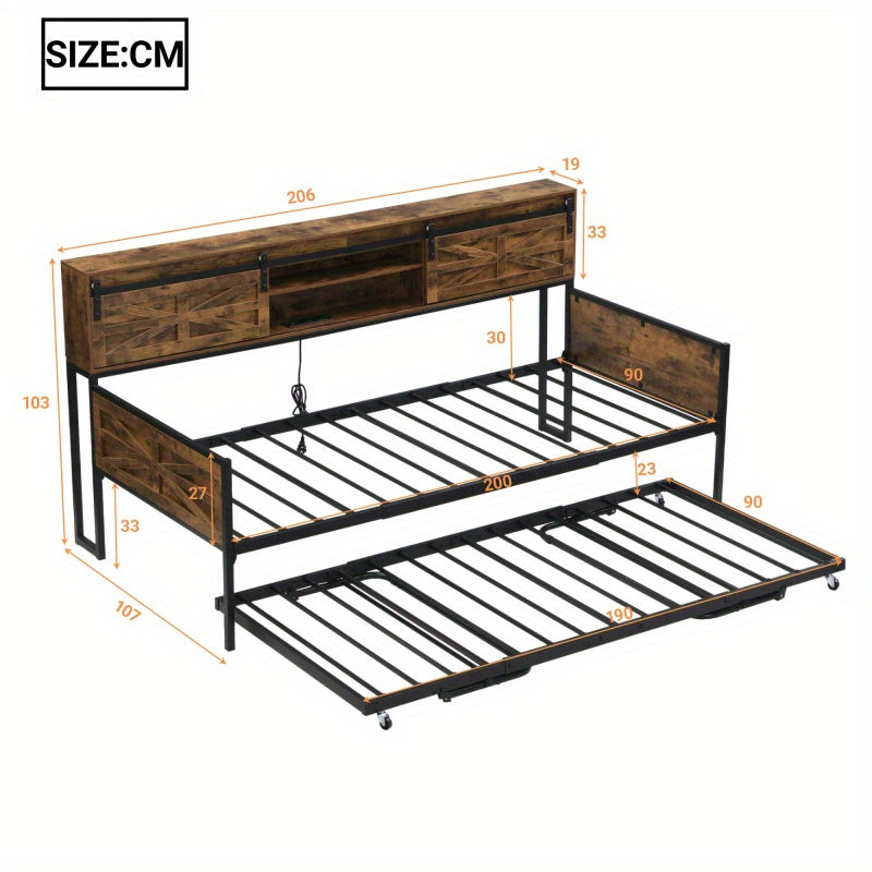 Slaapbank – Bedbank – Bankbed – Uitklapbank – 2-in-1 Sofa Bed – Zwart-Bruin – Met Opbergruimte Onder Zitting – Robuust Metaal-Hout Frame – Direct Gebruiksklaar Zonder Montage
