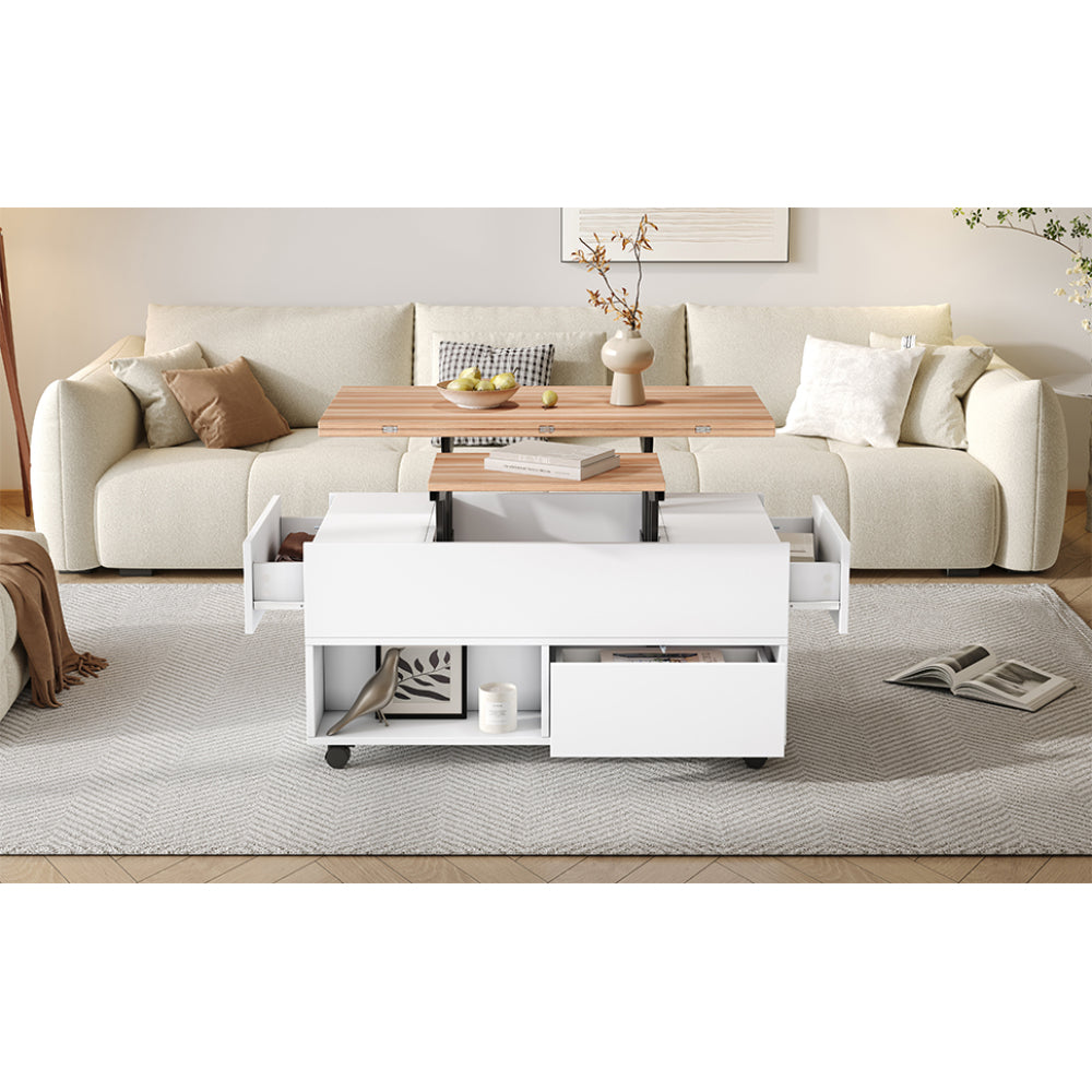Salontafel – Koffietafel – Tafel – Bijzettafel – Woonkamertafel – Wit Zwart – Verstelbaar Blad Met Wieltjes – Metalen Frame – 4 Laden & Extra Opbergruimte – 100x50x52 cm