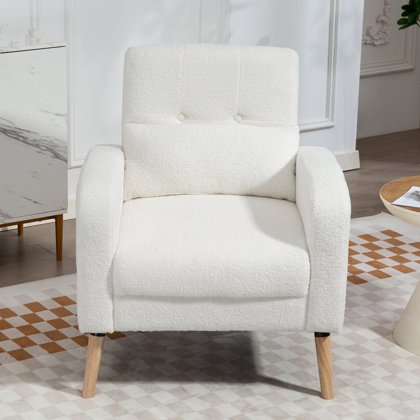 Fauteuil – Armstoel – Zetel – Leunstoel – Clubstoel – Modern Design – Rubberhouten Pootjes – Lendensteunkussen – Wit