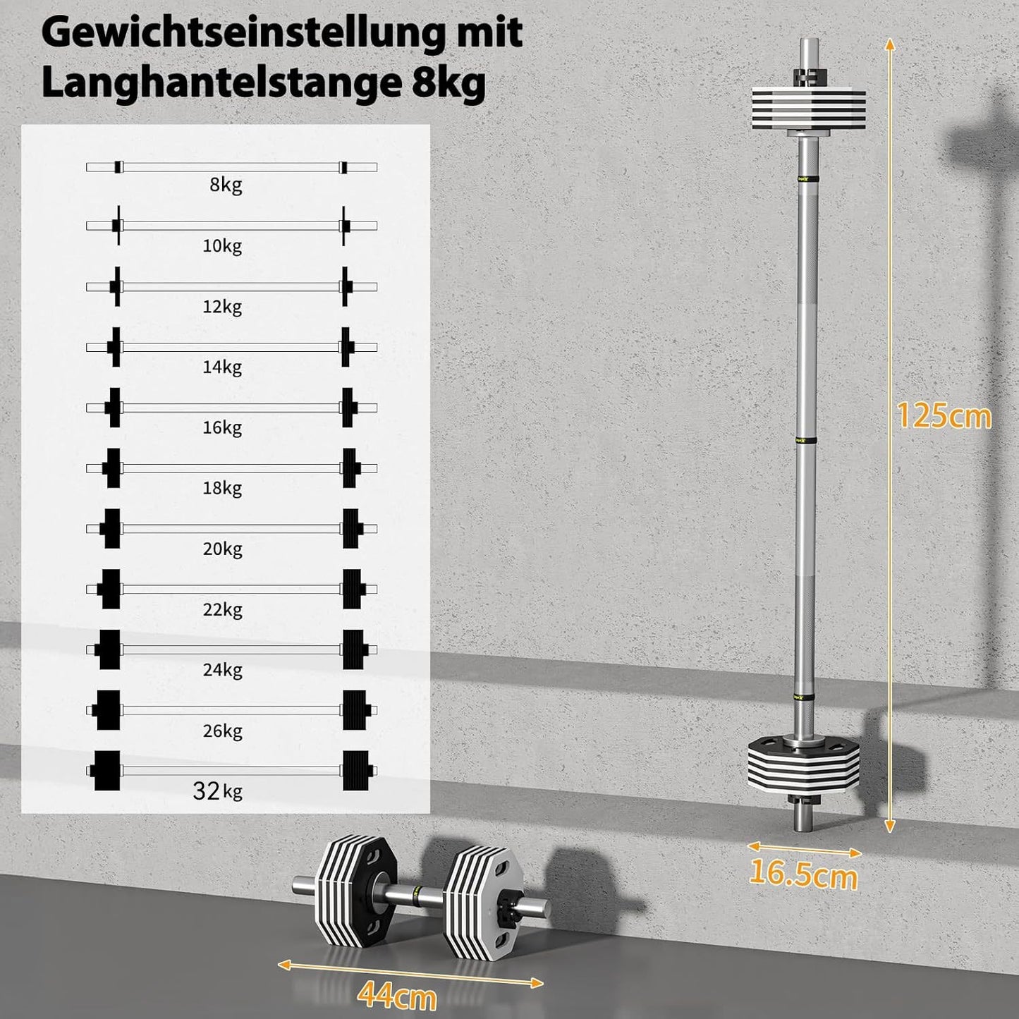 Verstelbare Halterset – Dumbbell Set – Krachttraining Gewichten – Curlstang – Rechte Stang – 32 kg Totaalgewicht – Robuust Stalen Design