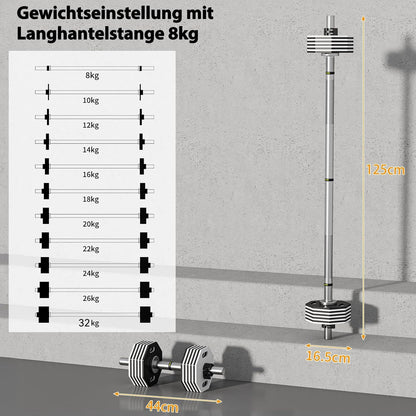 Verstelbare Halterset – Dumbbell Set – Krachttraining Gewichten – Curlstang – Rechte Stang – 32 kg Totaalgewicht – Robuust Stalen Design