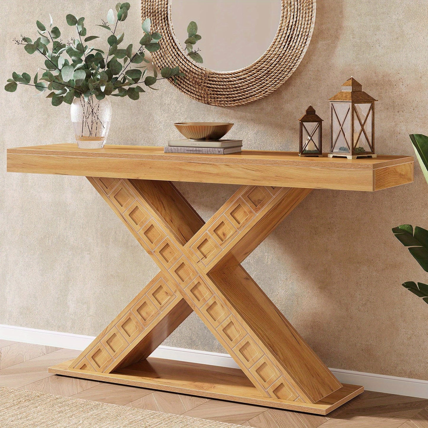 55 Inch Sidetable – Console Tafel – Halmeubel – Foyertafel – Smalle Tafel – X-Vormige Houten Basis – Robuust 2,95 Inch Dikte – 200 Kg Draagkracht