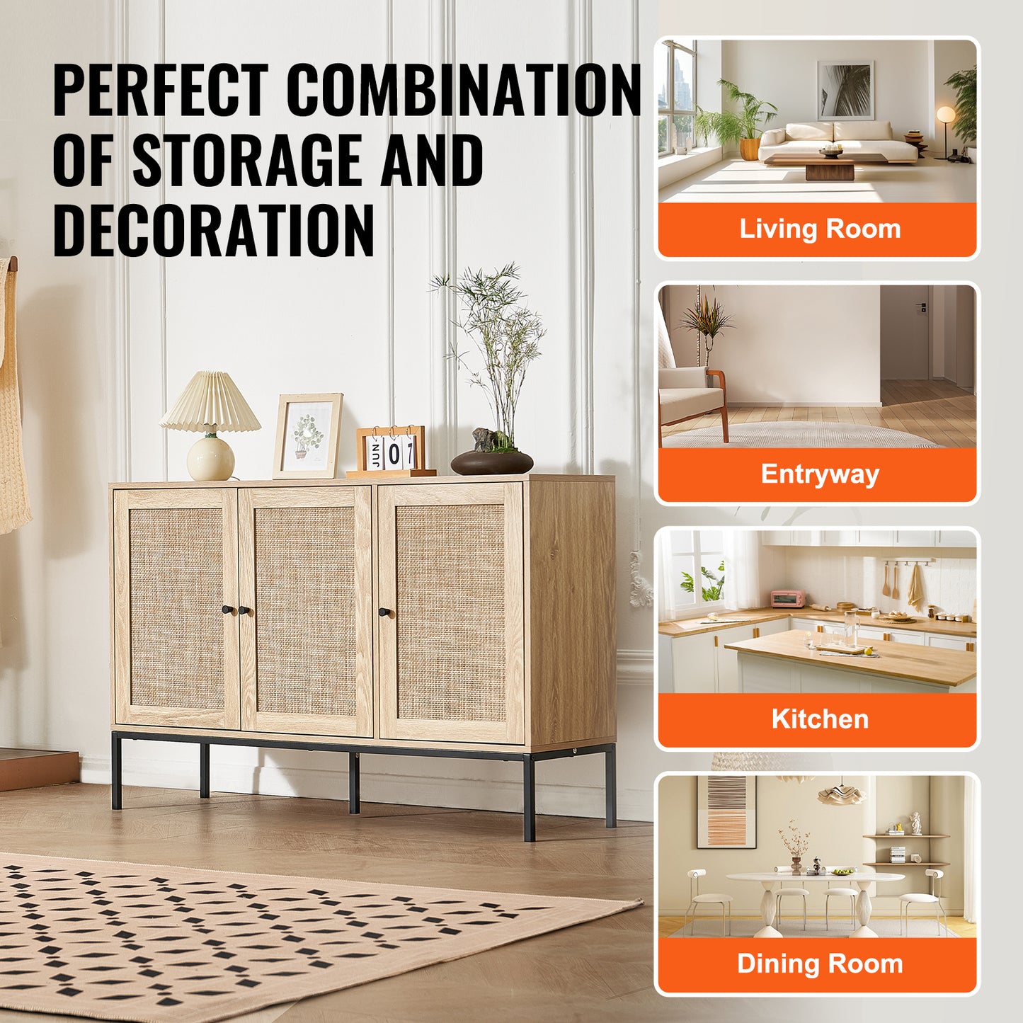 Rotan kast – Rattan kast – Opbergkast – Dressoir – Ladekast – Handgevlochten deuren – Verstelbare planken – 120 cm breed – Natuurlijk materiaal