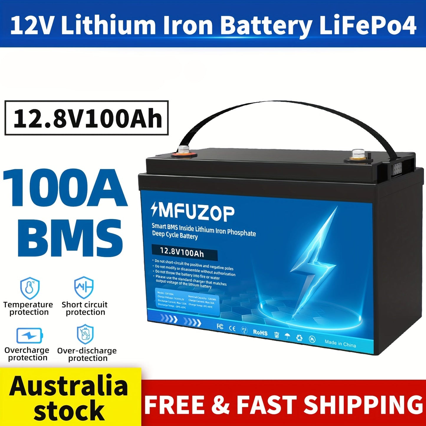 12V LiFePO4 Accu – Zonne-accu – Deep Cycle Batterij – Camperaccu – Bootaccu – Ingebouwd BMS – 100Ah Capaciteit – Robuuste Gouden Behuizing