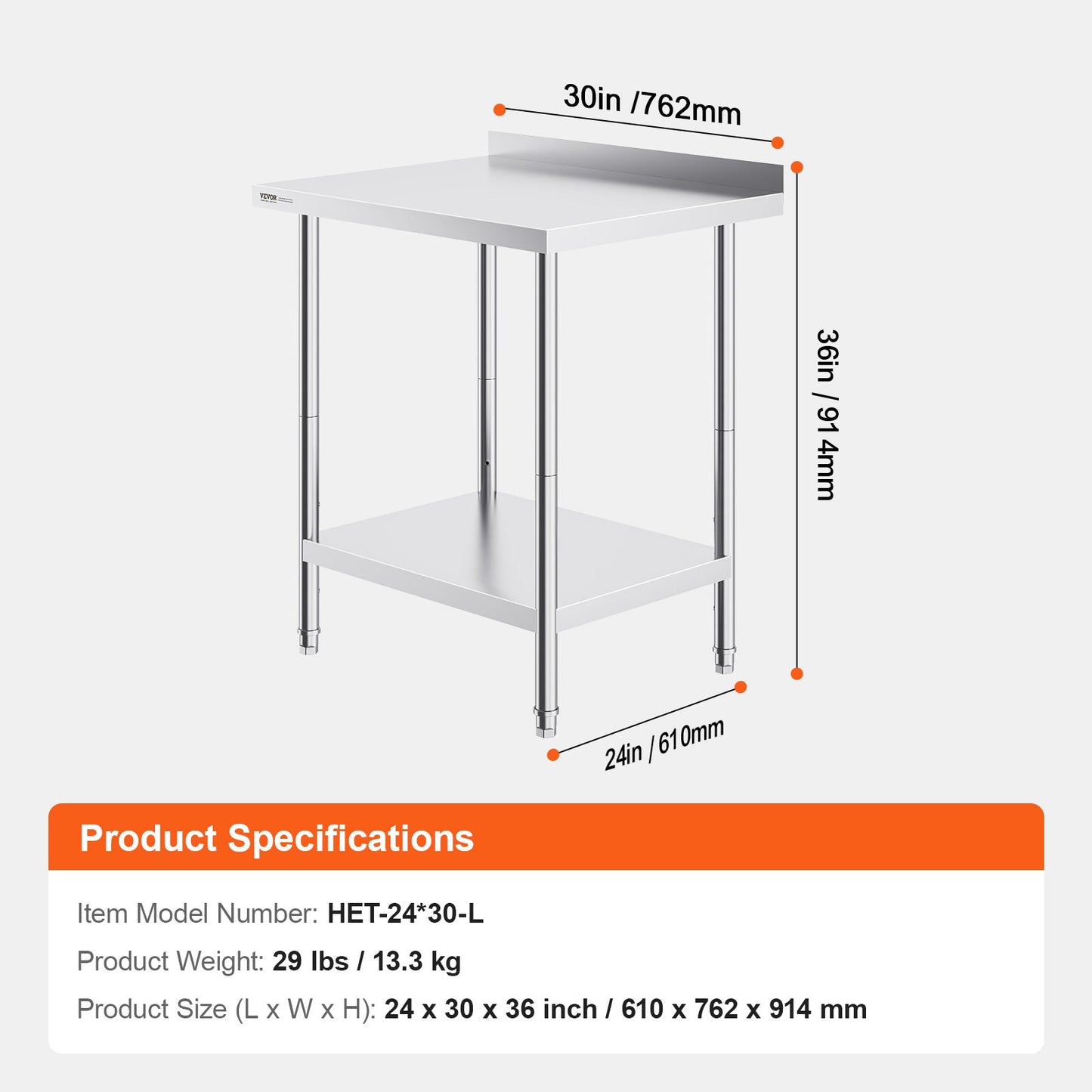 Werktafel RVS – RVS Werkblad – Inox Tafel – Roestvrijstalen Werkbank – Keukentafel – Verstelbare Legplanken – 61x76x91 cm – 201 RVS 0,8 mm