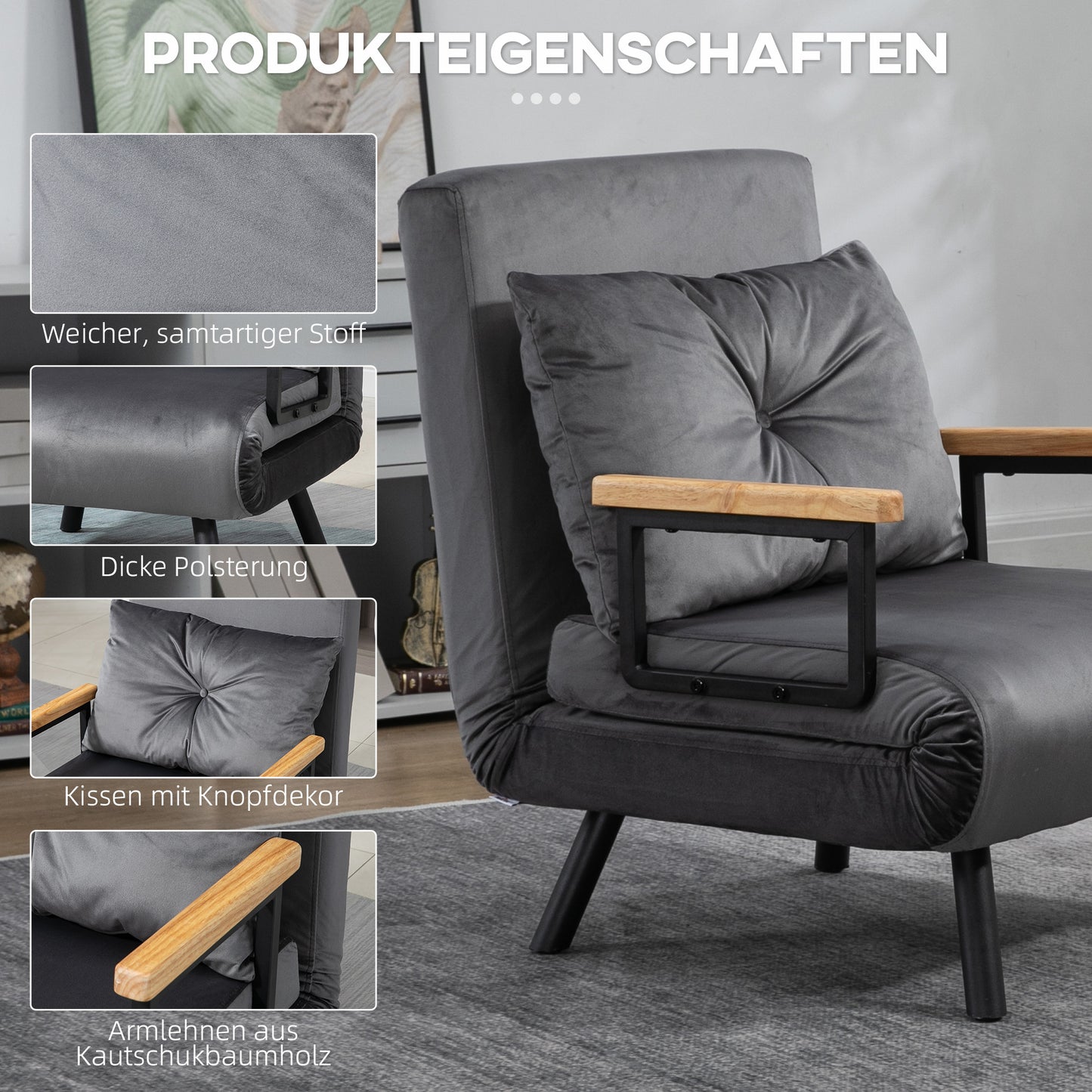 Slaapbank – Bedbank – Slaapstoel – Tweepersoonsbed – Verstelbare Rugleuning – Fluweelzachte Donkergrijze Bekleding – Stalen Frame – Inclusief Kussen