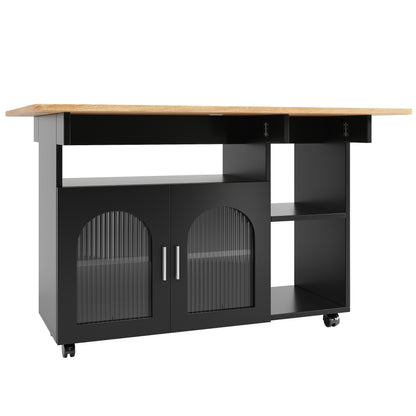 Keukenwagen – Keukentrolley – Serveerwagen – Opbergmeubel – Uitklapbare Tafel – Zwart Hout – Multifunctioneel Met 5 Wieltjes – 120x30/70x79,5 cm