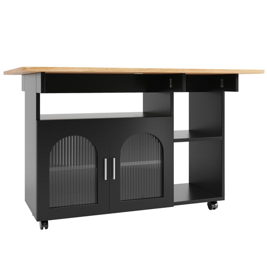 Keukenwagen – Keukentrolley – Serveerwagen – Opbergmeubel – Uitklapbare Tafel – Zwart Hout – Multifunctioneel Met 5 Wieltjes – 120x30/70x79,5 cm