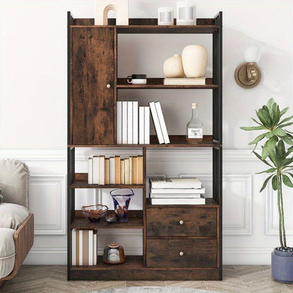 Boekenkast – Boekenrek – Opbergkast – Vakkenkast – Stellingkast – Industrieel Design – 6 Planken Met Deuren En Lades – Stalen Antiek Bruine Afwerking – Vloer Tot Plafond Hoogte