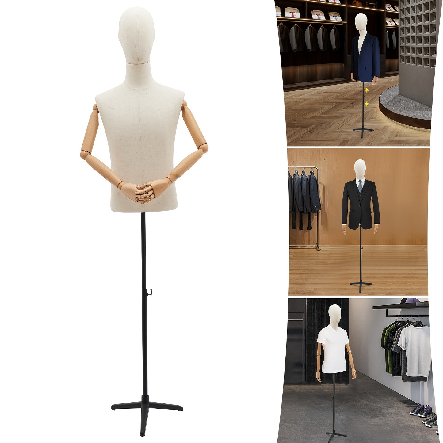 Adjustable Male Dress Form Mannequin with Poseable, Hands & Limbs - Heavy-Duty Tripod Base, Height 134.62cm-193.04cm, Compatible for Retail Store Display, Tailor Shop & Clothing Presentation - Assembly & Posture Adjustment (D