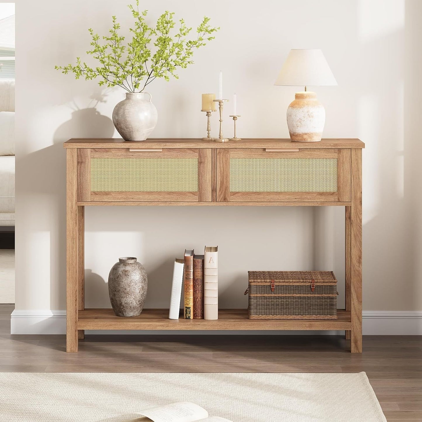 Boho Rustieke Sidetable – Haltafel – Wandtafel – Sofa Tafel – Console Tafel – 2 Lades & Opbergrek – Massief Hout & MDF – 109 cm Lang – 68 KG Draagkracht – Eenvoudige Montage