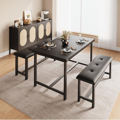 Eethoek – Eettafelset – Keukentafel – Tafel Met Banken – Bistroset – Compact En Ruimtebesparend – Zwarte Vintage Afwerking