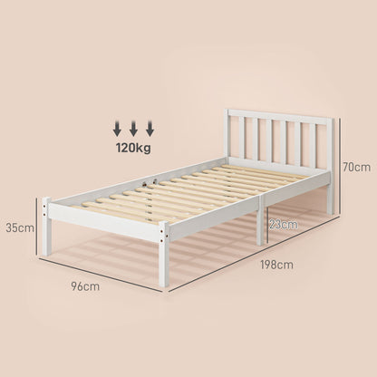 Bedframe – Bedbodem – Tienerbed – Eenpersoonsbed – Ledikant – Houten Frame – Inclusief Hoofdeinde – Voor Matras 90x190 cm – Belastbaar Tot 120 Kg – Wit