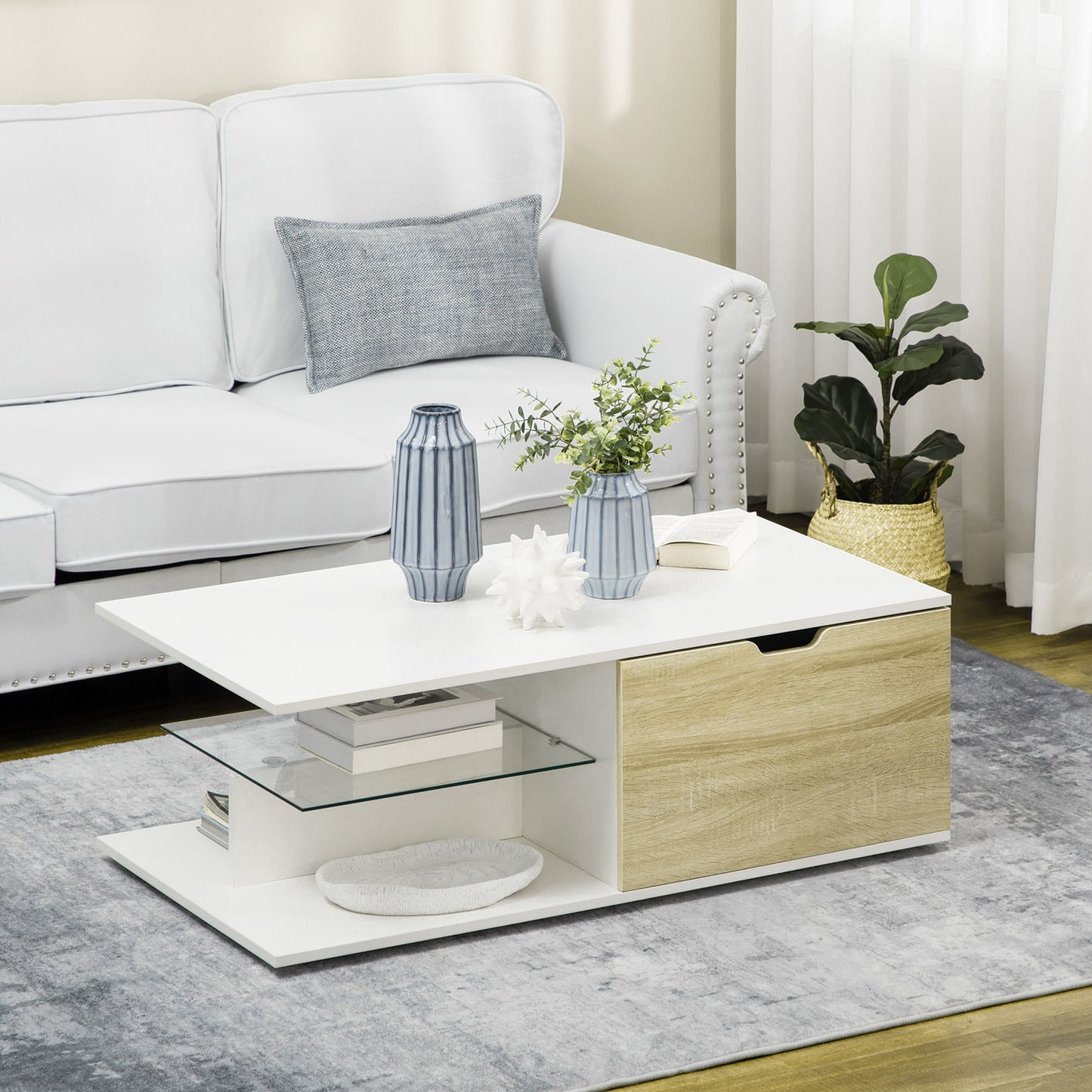 Salontafel – Koffietafel – Bijzettafel – Tafel – Woonkamertafel – Wit Met Eikenlook – 106x58x39 cm – 2 Lades En Glazen Legplank