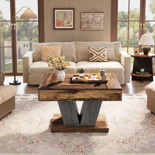 80.01cm Rustic Brown & Black Square Coffee Table - Modern Wooden Centerpiece for Living Room, Sturdy MDF Construction with Smooth Surface, Geometric Base, Perfect for Cocktails, Tea, or Accent Decor, Tea Table | Rustic Modern