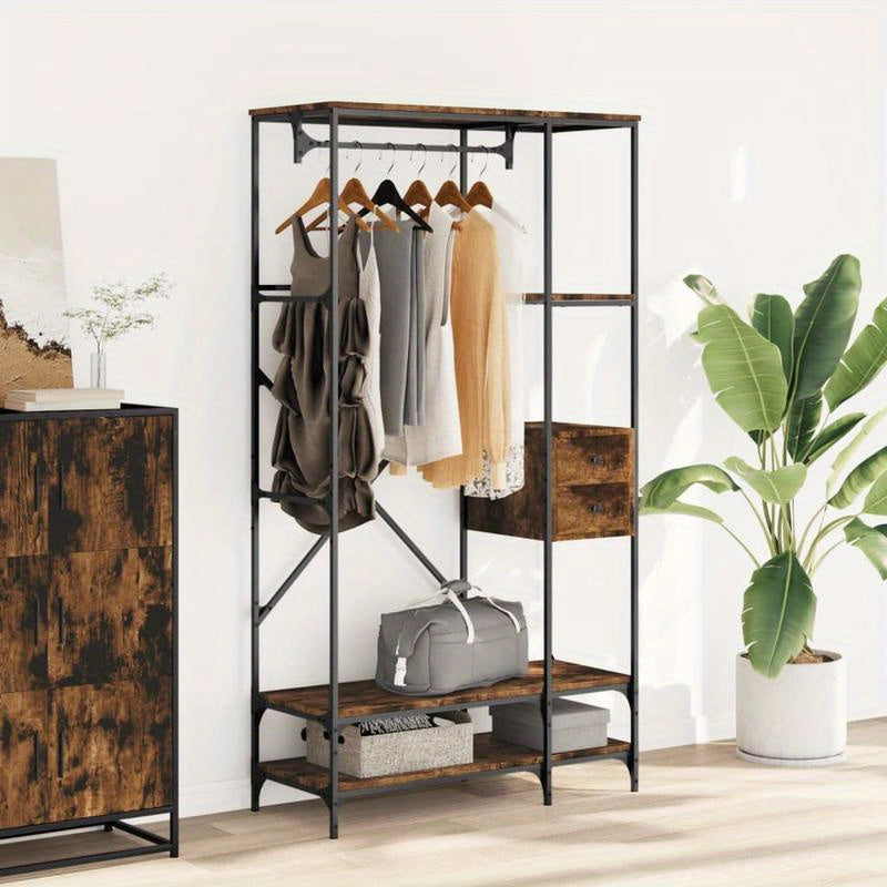 Multi-Tier Metal Clothes Rack with Smoked Oak Wood Shelves - Freestanding Storage Organizer for Bedroom, Bathroom, Wardrobe - Perfect for Hanging Clothes, Bags & Accessories, Clothes Organizer Storage