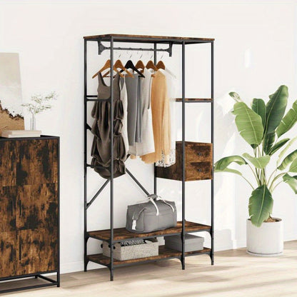 Multi-Tier Metal Clothes Rack with Smoked Oak Wood Shelves - Freestanding Storage Organizer for Bedroom, Bathroom, Wardrobe - Perfect for Hanging Clothes, Bags & Accessories, Clothes Organizer Storage