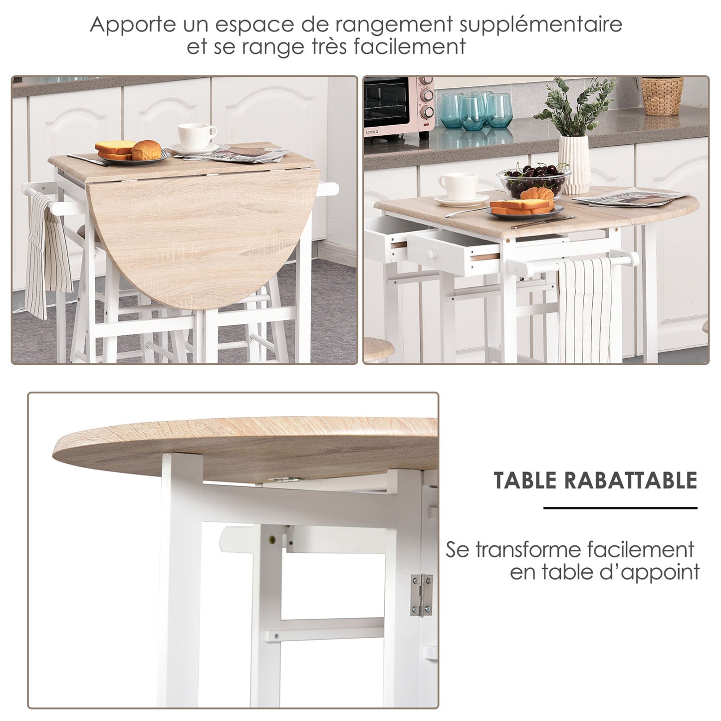 Bar Tafel Set – Barkrukset – Serveertafel – Bar Meubel – Keukentafel – Met Wielen En Opbergruimte – Pine MDF Wit Eiken – Compact En Mobiel