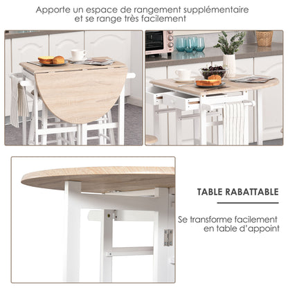 Bar Tafel Set – Barkrukset – Serveertafel – Bar Meubel – Keukentafel – Met Wielen En Opbergruimte – Pine MDF Wit Eiken – Compact En Mobiel