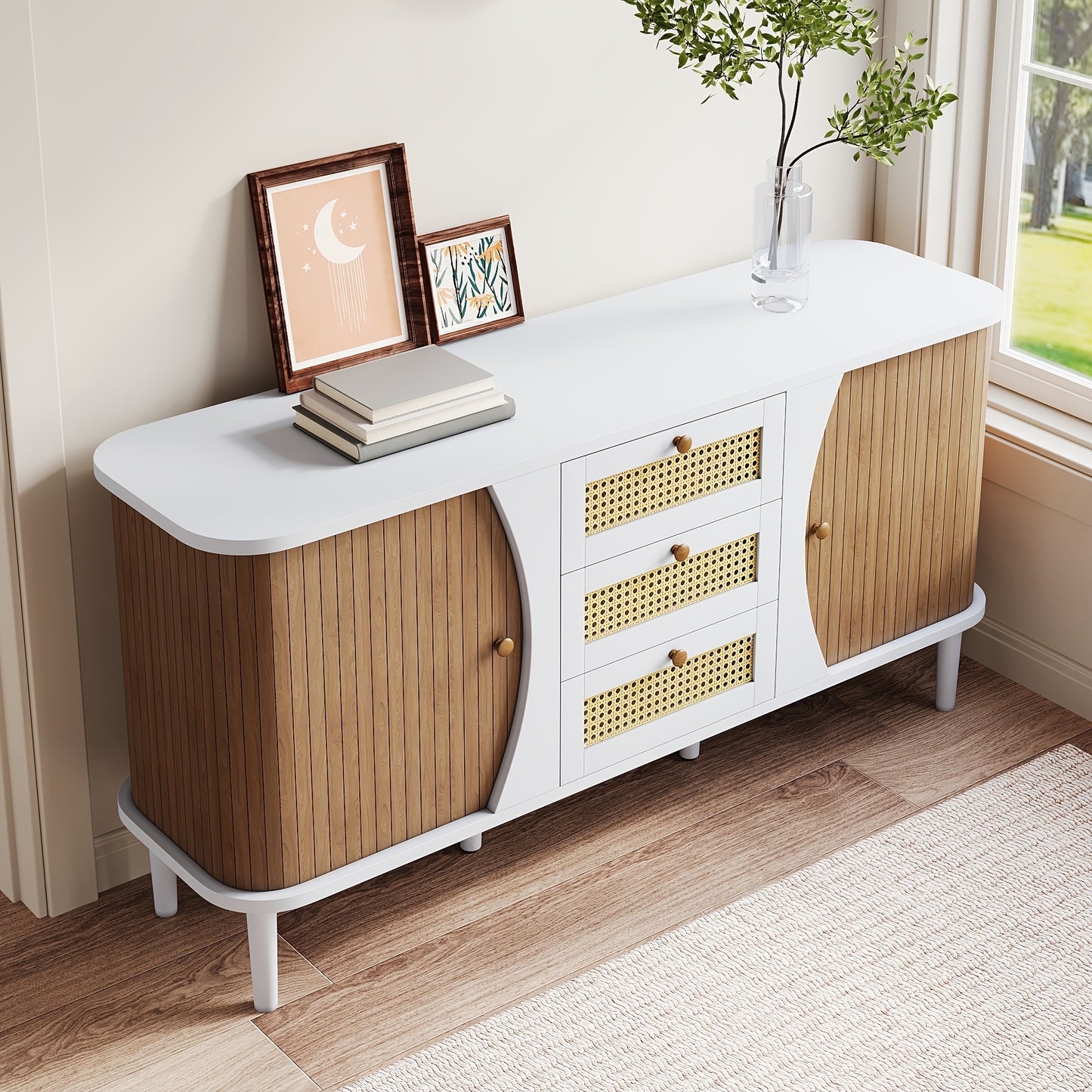 Dressoir – Kast – Ladekast – Opbergkast – Buffettafel – Rieten Deuren – Hardhout – Schuifdeuren – 80x40x85 cm – Natuurlijk Design