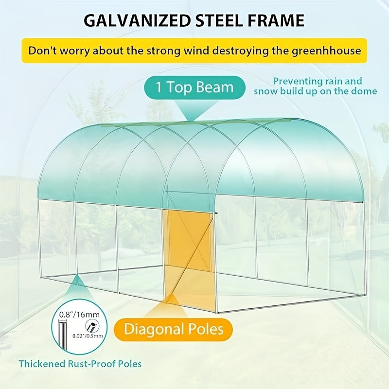 Heavy-Duty Greenhouse with Galvanized Steel Frame - Outdoor Plant Growing tunnel, 2 Doors & 6 Windows, Anchor Mesh Base for Stability, Transparent Panels for Natural Light - Ideal for Home, Commercial, or Educational Gardens - QUORE