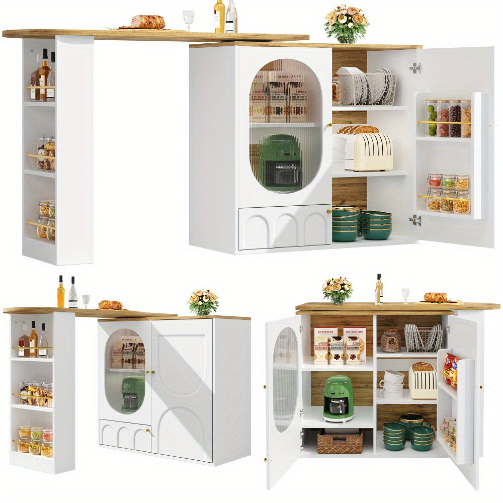 Modern White Metal 360° Rotating Bar Table with Storage - Heavy-Duty Commercial/Residential Use, 3-Door Cabinet with Removable Dividers, Space-Saving Design, Easy Assembly, 138x39x102cm, Ideal for Home Bars, Kitchens, Restau