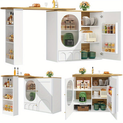 Modern White Metal 360° Rotating Bar Table with Storage - Heavy-Duty Commercial/Residential Use, 3-Door Cabinet with Removable Dividers, Space-Saving Design, Easy Assembly, 138x39x102cm, Ideal for Home Bars, Kitchens, Restau