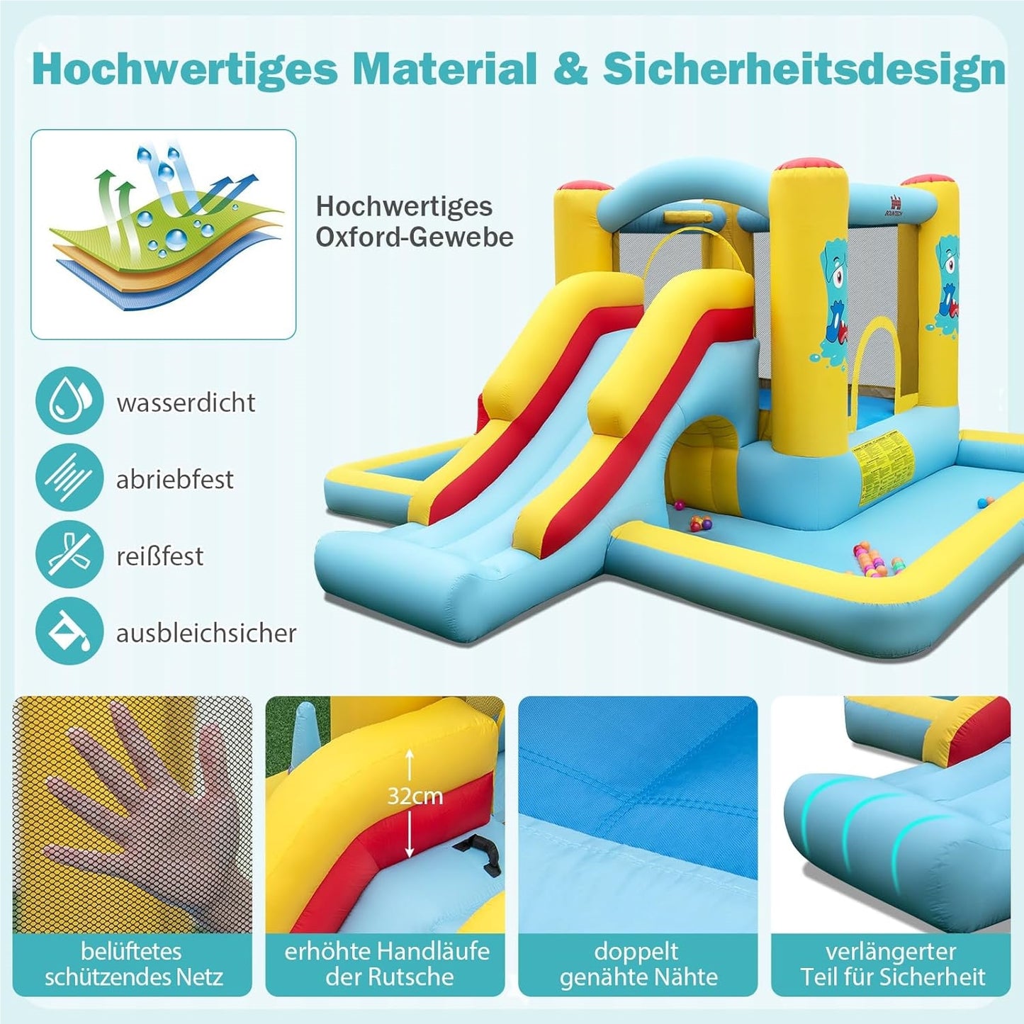 Springkussen – Springkasteel – Luchtkussen – Speeltoestel – Jump-O-Lene – Met Glijbaan & Tunnel – Inclusief Basketbalring & Ringwerpspel – Groot 394x389x194 cm – Duurzaam Oxford Polyester