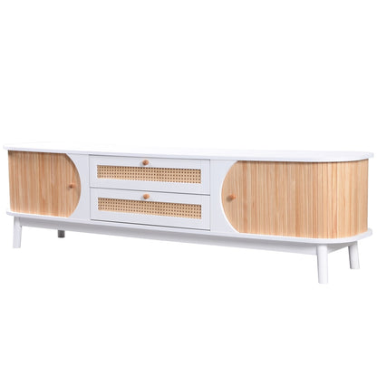 Rustic Modern TV Stand with Doors & Drawers - Solid Wood-Like, Rattan-Side Doors, Sturdy Metal-Free, Natural Wood-Look for Furniture - Easy Assembly (Compatible with TVs & Media Players)